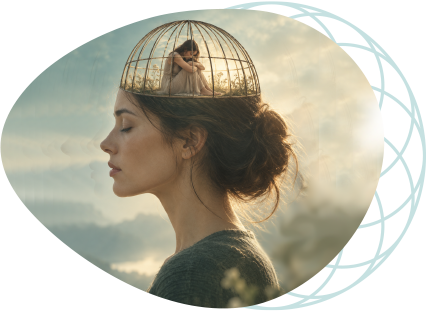 Woman in profile with symbolic cage above her head, representing feeling trapped by thoughts and emotions