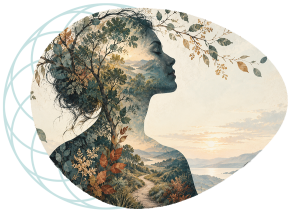 Illustration of a person in profile with trees and flowers, representing whole-person wellbeing
