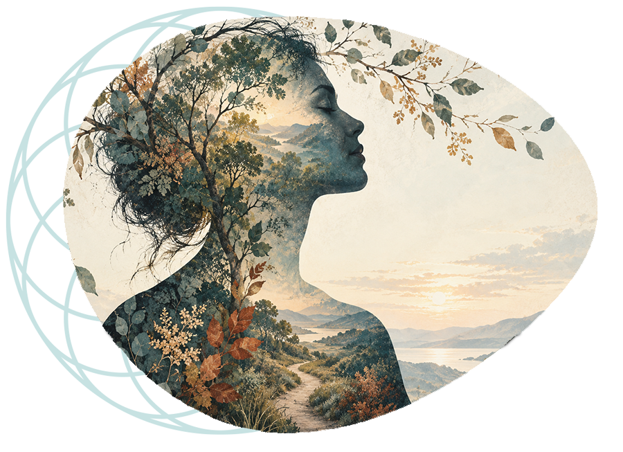 Illustration of a person in profile with trees and flowers, representing whole-person wellbeing